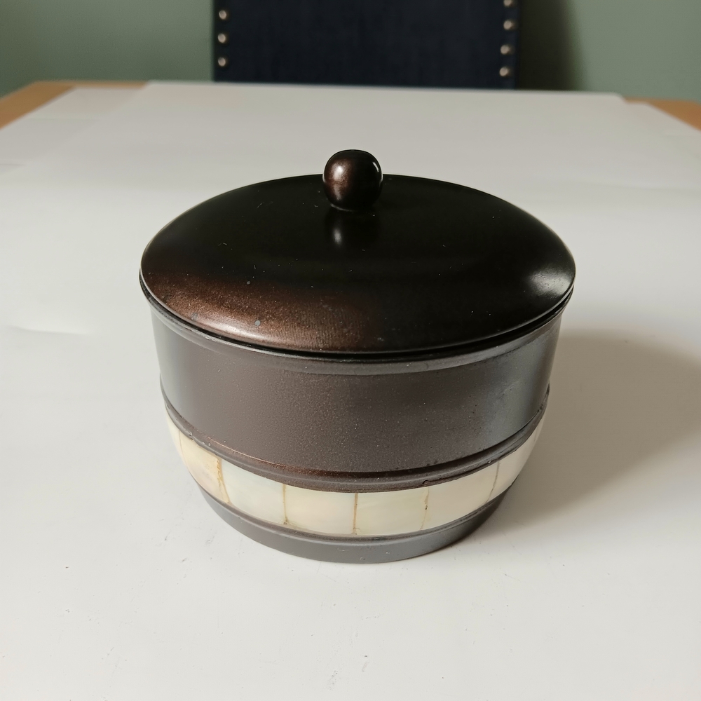 Vintage Brown Metal Bathroom / Vanity Container With Lid. Mother Of Pearl Inlay